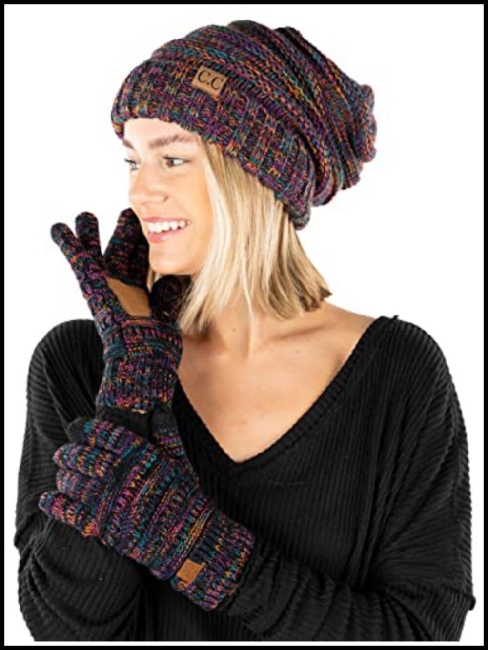 100% Acrylic Slouchy Knit Beanie & Fleece Lined Gloves Winter Set
